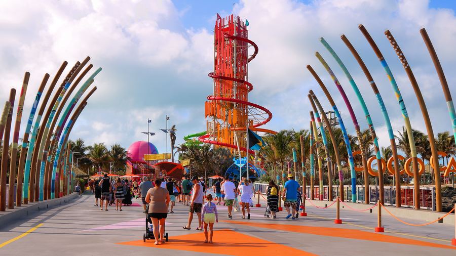 The entrance to CocoCay, with Daredevil's Peak beyond
